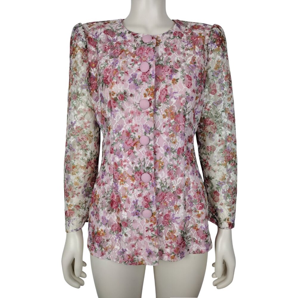 Vintage 1970s Pink Floral Lace Sheer Sleeve Button Down Jacket Size S